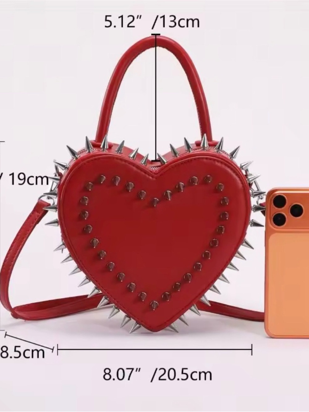 Spikes Studded Heart-Shaped Crossbody Bag purse Black or Red - Picture 10 of 10